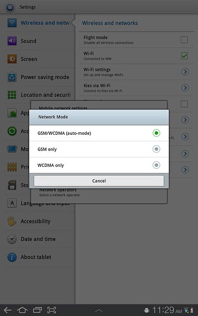 Press GSM/WCDMA (auto-mode), GSM only or WCDMA only.