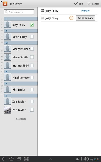 When the box next to a contact is ticked (V), the contact is selected.