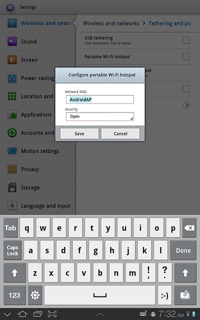 Press the field below Network SSID and key in the required name for the Wi-Fi hotspot.