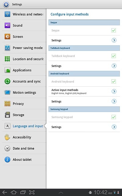 To select writing language for the Swype keypad:Press Settings.