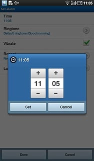 Press + or - next to hours and minutes to set the time.
