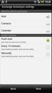 Press Mail, Contacts and Calendar to turn synchronisation on or off.
