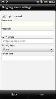 Press Login required to turn SMTP authentication on or off.If you turn on SMTP authentication:Follow the instructions on the display to key in the username and password for your email account.Please note that if you're using Vodafone's outgoing server, turn off SMTP authentication and leave the username and password fields empty.