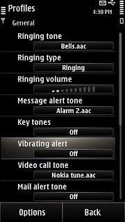 Press Vibrating alert to select On or Off.