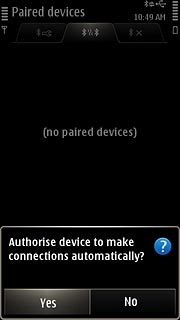 Press Yes or No to select automatic connection when the devices are turned on.You also need to accept the access code on the other device.The new device is displayed on the list of paired devices.