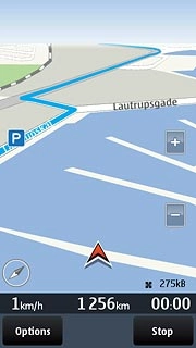 The navigation window with information about your route is displayed.Speed, distance to destination and travel time are displayed at the bottom of the display.Follow the verbal instructions or the instructions on the display to go to the selected destination.