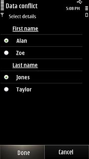 If some contact information conflicts:Follow the instructions on the display to select merge settings.Press Done.