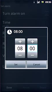Press + and - next to hours and minutes to set the time.