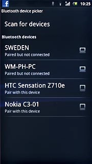 Press Scan for devices.Your phone now searches for devices and after a moment, a list of Bluetooth devices within range is displayed.