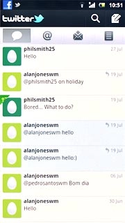 You can now use the application.Please note that Twitter isn't part of the original application package and therefore only a general description is given here.You have a number of options, such as:Write status updatesView status updates from people you followView messages sent directly to youTurn status updates on or off