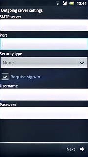 If you turn on SMTP authentication:Follow the instructions on the display to key in the username and password for your email account.Please note that if you're using Vodafone's outgoing server, turn off SMTP authentication and leave the username and password fields empty.Press Next.