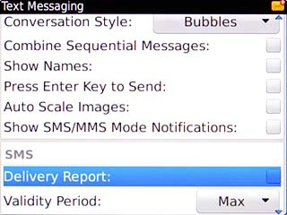 Scroll to Delivery Report and press the Navigation key to turn request for delivery reports on or off.