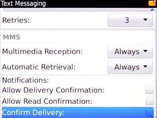 Scroll to Confirm Delivery and press the Navigation key to turn the function on or off.