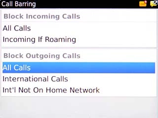 Highlight All Calls, International Calls or Int'l Not On Home Network below Block Outgoing Calls and press the Navigation key.