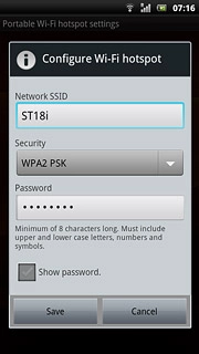 Press the field below Network SSID and key in the required name for the Wi-Fi hotspot.