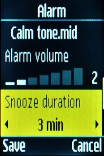 Scroll to Snooze duration and press Navigation key right to select Off or the required duration.