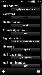 Press Mailbox name.Key in a name for the email account (such as 