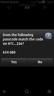 Check that the same access code is displayed on both devices and press Yes.You also need to accept the access code on the other device.The new device is displayed on the list of paired devices.