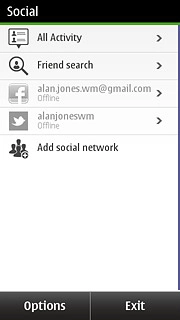 If required, press the Facebook icon.Choose one of the following options:Write status update, go to 3a.Select view to 3b.View your profile, go to 3c.View your friends, go to 3d.View your pictures, go to 3e.View your messages, go to 3f.Write message, go to 3g.View events, go to 3h.Upload picture to Facebook, go to 3i.