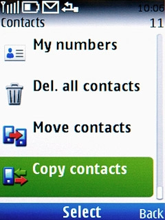 Scroll to Copy contacts and press the Navigation key.