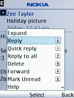 Scroll to Reply and press the Navigation key.Write your email message.