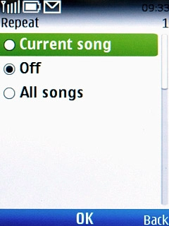 Highlight Current song, Off or All songs and press the Navigation key.