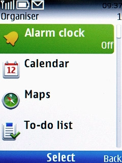 Scroll to Alarm clock and press the Navigation key.
