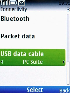 Scroll to USB data cable and press the Navigation key.