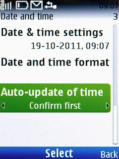 Scroll to Auto-update of time and press the Navigation key.