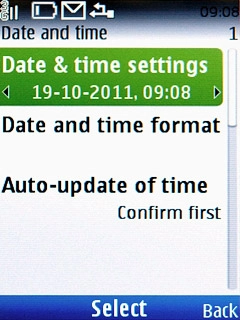 Scroll to Date & time settings and press the Navigation key.Choose one of the following options:Set the date, go to 3a.Set the time, go to 3b.Select time zone, go to 3c.