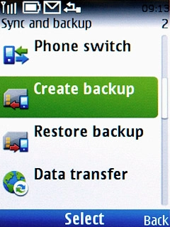 Scroll to Create backup and press the Navigation key.