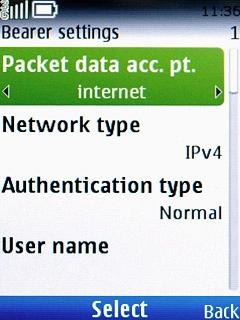 Scroll to Packet data acc. pt. and press the Navigation key.Key in live.vodafone.com