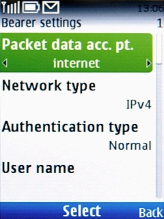 Scroll to Packet data acc. pt. and press the Navigation key.Key in live.vodafone.com