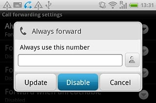 Press Disable.A request to cancel the current setting is sent to the network.Repeat until all diverts have been cancelled.