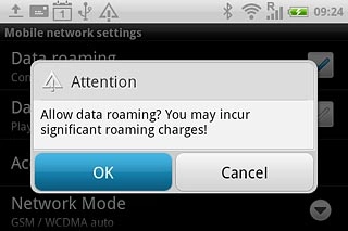 If you turn on data roaming:Press OK to confirm.