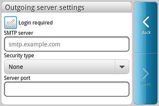 Press Login required to turn SMTP authentication on or off.If you turn on SMTP authentication:Follow the instructions on the display to key in the username and password for your email account.Please note that if you're using Vodafone's outgoing server, turn off SMTP authentication and leave the username and password fields empty.