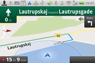 The navigation window with information about your route is displayed.The next turn and the next route detail are displayed at the top of the display.