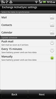 Press Mail, Contacts and Calendar to turn synchronisation on or off.