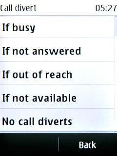Press No call diverts.A request to cancel all diverts is sent to the network.