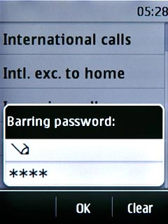 Key in your barring password (default is 0000) and press OK.A request to cancel all call barrings is sent to the network.