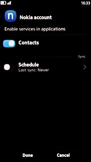 To turn synchronisation of contacts on or off:Press the field next to Contacts.