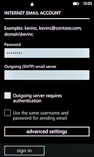 Press Outgoing server requires authentication to turn SMTP authentication on or off.If you turn on SMTP authentication:Follow the instructions on the display to key in the username and password for your email account.Please note that if you're using Vodafone's outgoing server, turn off SMTP authentication and leave the username and password fields empty.