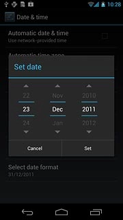 Press date, month and year and slide your finger up or down to set the date.