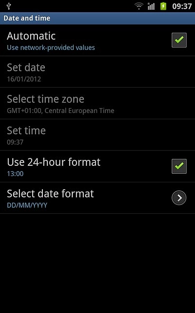 Press Automatic to turn automatic date and time update on or off.