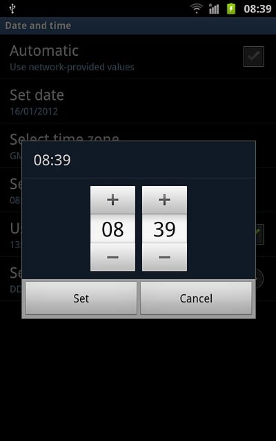 Press + or - next to hours and minutes to set the time.