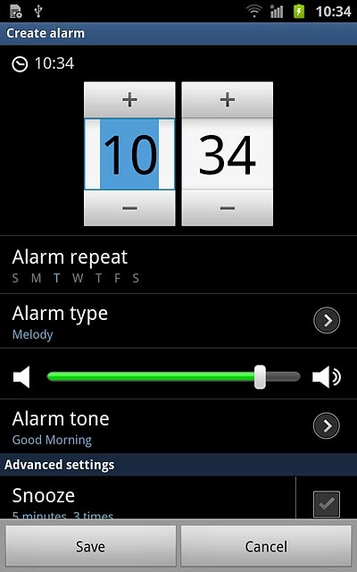 Press + or - next to hours and minutes to set the time.