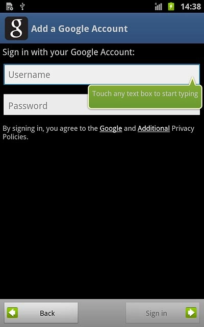 Press Username and key in the username for your Google account.
