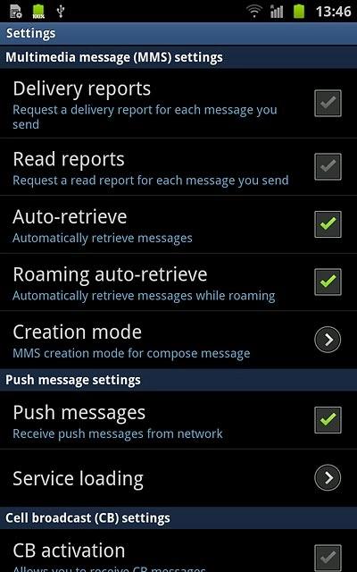 Press Delivery reports below Multimedia message (MMS) settings to turn the function on or off.