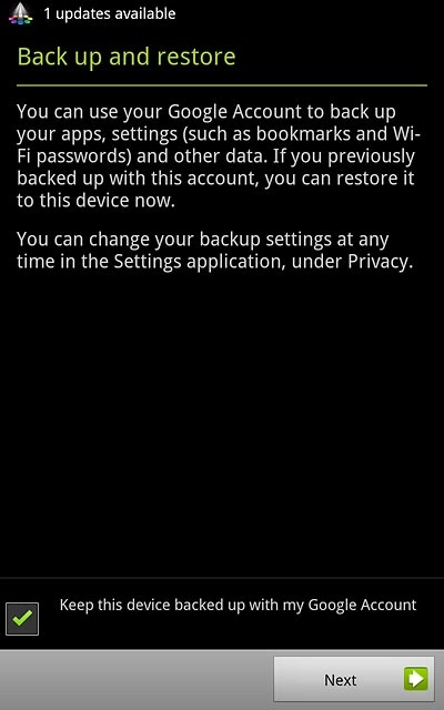 Follow the instructions on the display to select backup settings.Press Next.