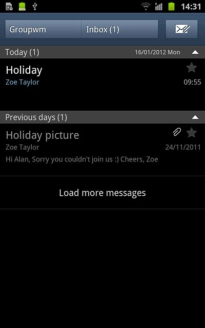 If email accounts have been created already:Press the field in the top left corner of the display (the account name).